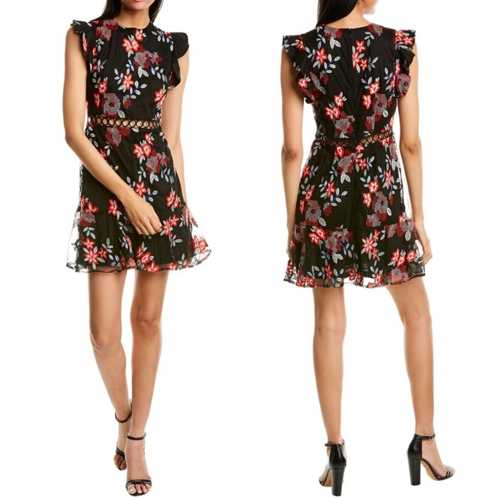 Sam Edelman Black Floral Mini Dress with Red & Blue Blooms